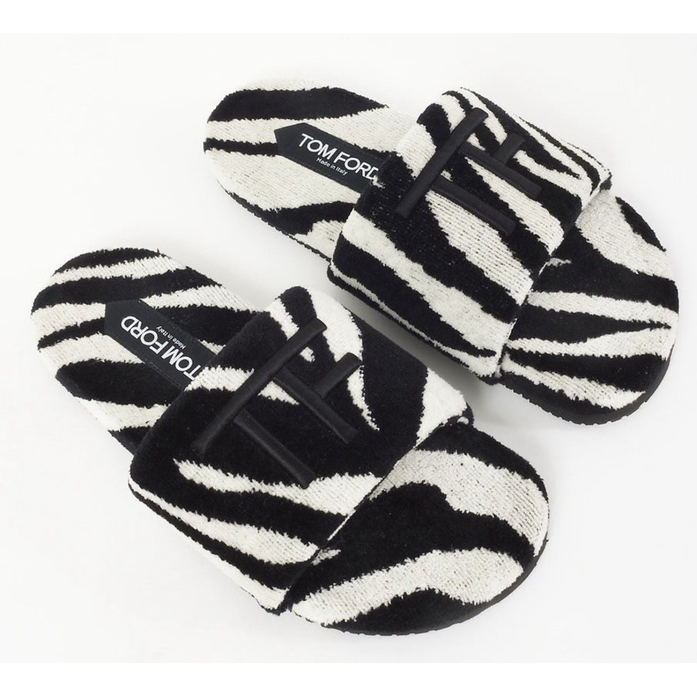 TOM FORD Slides Black & White Zebra Print Terry TF Logo  Size 9 MSRP $890 NEW